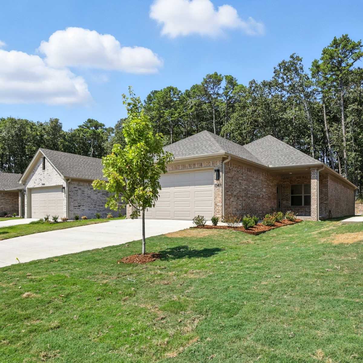 Single-story brick house with a two-car garage, small front porch, young tree in the front yard, and a well-kept lawn. The driveway and sidewalk are concrete, and trees are visible in the background.