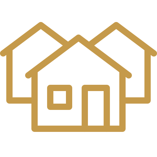 A simple gold outline of three overlapping houses on a light gray background, with one house in the foreground and two in the background.