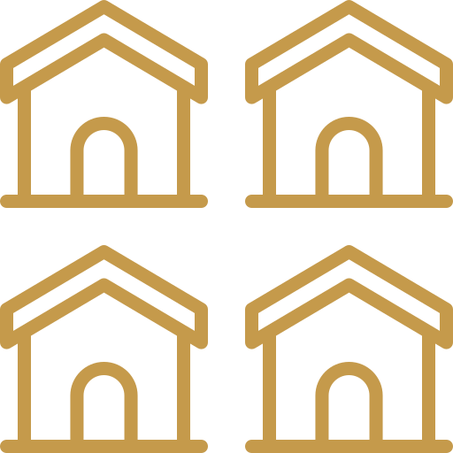 A simple graphic of four identical, gold-colored house icons arranged in a grid with two rows and two columns on a light gray background.