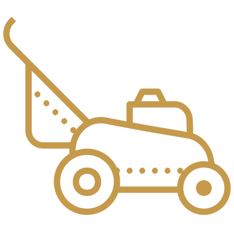 Simple line drawing of a lawn mower in gold color, viewed from the side, showing two large wheels, a handle, and a rectangular engine on top.